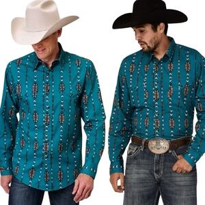 Roper Teal Southwestern Print Men's Button-Down Shirt